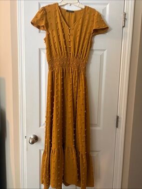 Mustard Textured Midi Dress with Smocked Waist